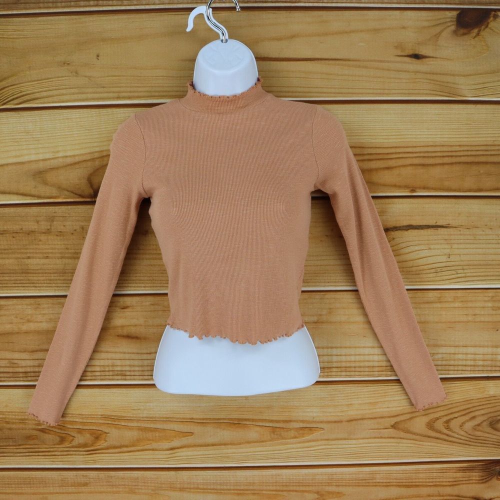 Asos Long Sleeve Crop Top Shirt Womens 2 Pinkish Brown Stretch Ribbed Mock‎ Neck